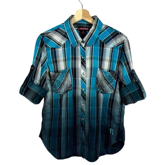 Rock & Roll Cowgirl Women's Size L Button Down Blue Black Pearl Snaps Western - Picture 1 of 13